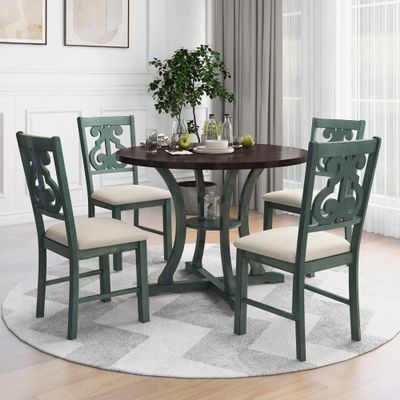 MERITLINE 5-Piece Round Dining Table Sets with 4 Fabric Chairs, Dining Table with Special-Shaped Table Legs and Storage Shelf for Dining Room Home Furniture(Antique Blue)