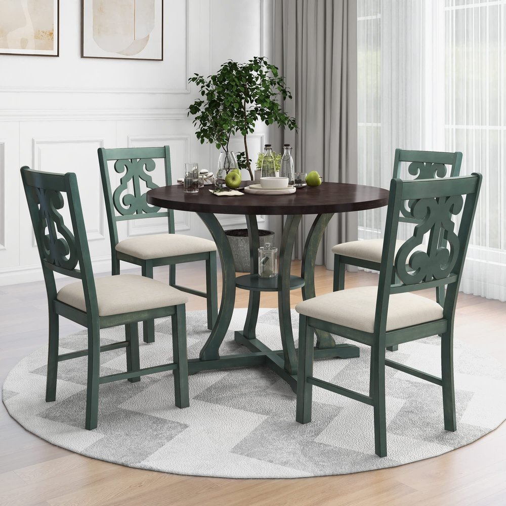 MERITLINE 5-Piece Round Dining Table Sets with 4 Fabric Chairs, Dining Table with Special-Shaped Table Legs and Storage Shelf for Dining Room Home Furniture(Antique Blue)