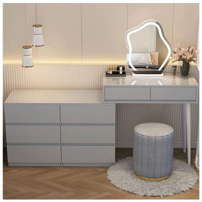 ZUMAHA Furniture Modern Vanity Desk, Dressing Table with Drawer & LED Makeup Mirror, Vanity Set with Upholstered Makeup Stool and Movable Bedside Table Makeup Dressing Table