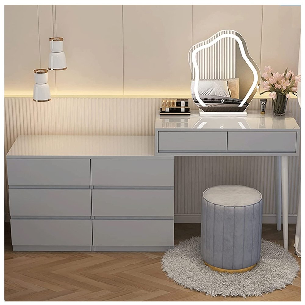 ZUMAHA Furniture Modern Vanity Desk, Dressing Table with Drawer & LED Makeup Mirror, Vanity Set with Upholstered Makeup Stool and Movable Bedside Table Makeup Dressing Table