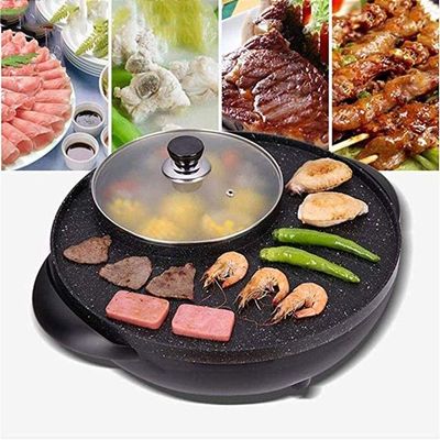 Electric BBQ Grill Indoor BBQ Grill and Hot Pot,Multi-Function Barbecue Hot Pot Double Pot Electric Grill Home Electric Baking Tray Korean Style Dual Control [Energy Class A],Portable Nonstic