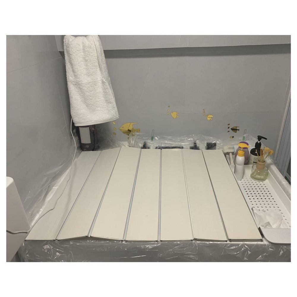 Bathtub Tray Folding PVC Bathtub Cover Bath Tub Caddy Tray, 0.6cm Thickness Dust Board Insulation Cover, Shutter Bath Lid Bath Tub Accessories for Luxury Spa Or Reading Multifunctional (Color : White