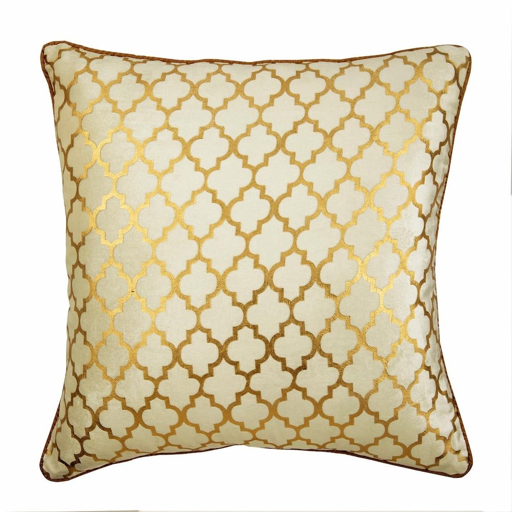The HomeCentric Pillow Case Pillow Cover Ivory Gold Couch Cushion Cover 14 x 14 Velvet Pillow Cover Foil Printed for Bed Sofa Gold Pillow Cover Pack of 2 14x14 inch (35x35 cm) - Moroccan Lattice