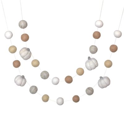 Fall Pumpkin Halloween Garland- 6 ft String with 25 Adjustable Shapes- Handmade Felt Thanksgiving Garland- 1" Felt Balls, 1.5" Pumpkins- Handmade by Mathew and Mae (White/Tan/Gray)