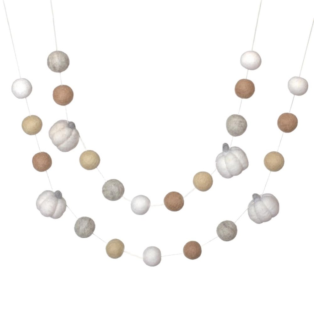 Fall Pumpkin Halloween Garland- 6 ft String with 25 Adjustable Shapes- Handmade Felt Thanksgiving Garland- 1" Felt Balls, 1.5" Pumpkins- Handmade by Mathew and Mae (White/Tan/Gray)