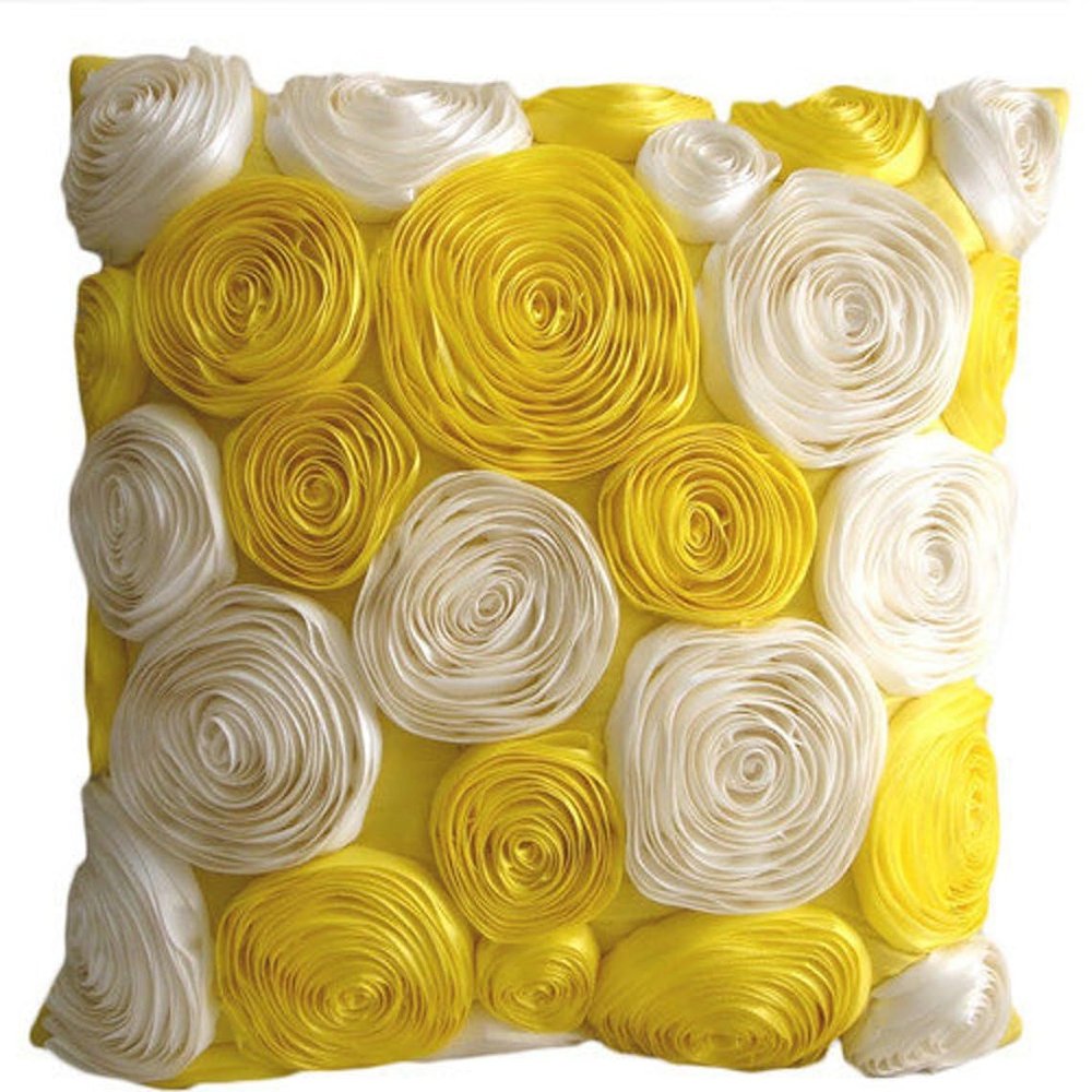 The HomeCentric Pillow Covers Decorative Yellow Designer Throw Pillow Covers Pack of 2 16x16 inch (40x40 cm) Silk Pillow Covers Nature & Floral Ribbon Embroidery Throw Pillows - Sunny Yellow Blooms