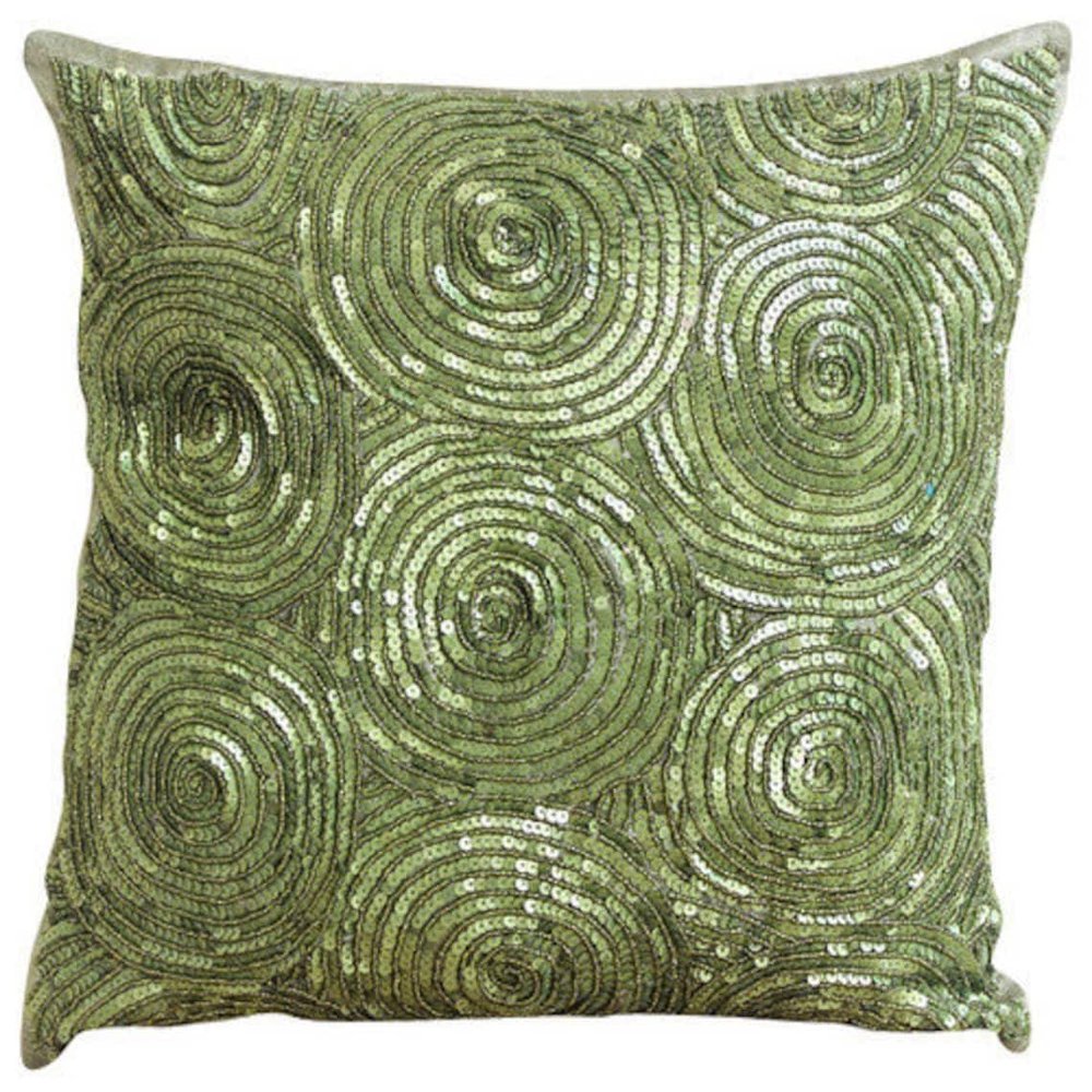 The HomeCentric Toss Pillow Cover, Green Decorative Zippered Throw Pillow Covers Pack of 2, 16x16 inch (40x40 cm), Silk Toss Pillow Covers, Circles & Dots, Sequins Embellished - A Touch of Envy