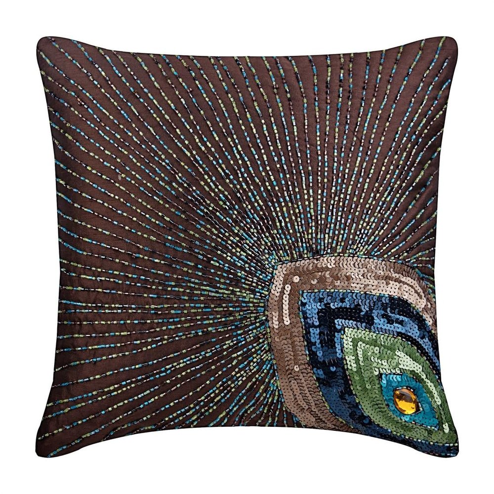 The HomeCentric Pillow Cover, Brown Decorative Pillowcase with Zipper Pack of 2, 16x16 inch (40x40 cm) Silk Couch Pillow Cover, Birds, Peacock, Art Deco, Sequins Embellished - Peacock Sparkle