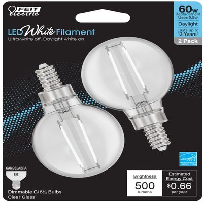Feit Electric BPG1660950CAWFIL/2 Daylight Globe Shape Exposed White Filament LED Bulb, 2 Bulbs per Pack; 5.5W; 60W Equivalent; E12 Base; 5000K; 90 CRI; 500 Lumens; 15000 Life Hours