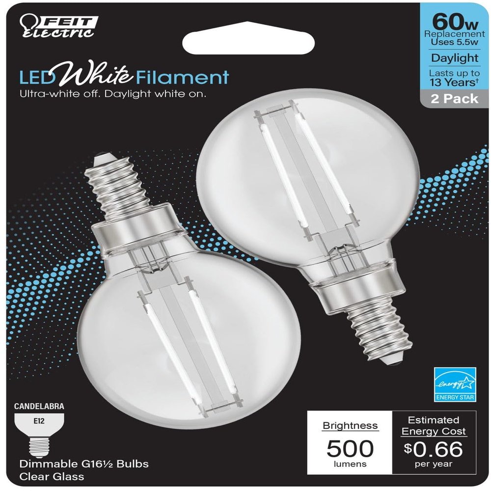 Feit Electric BPG1660950CAWFIL/2 Daylight Globe Shape Exposed White Filament LED Bulb, 2 Bulbs per Pack; 5.5W; 60W Equivalent; E12 Base; 5000K; 90 CRI; 500 Lumens; 15000 Life Hours
