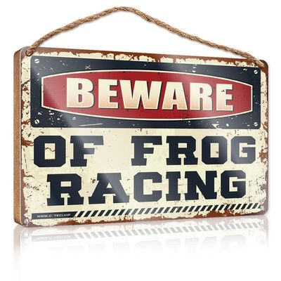 Abipuir Funny Room Signs Beware of Frog Racing Wooden Sign Decore for Room Funny Wall Decor Signs (Size : 23X35CM)