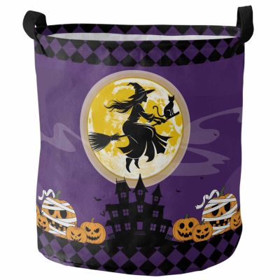 Halloween Laundry Baskets Witch with Broom Yellow Moon,Collapsible Waterproof Laundry Hamper Dirty Clothes Basket with Handle,Storage Bag for Bathroom/Bedrooom Plaid Scary House