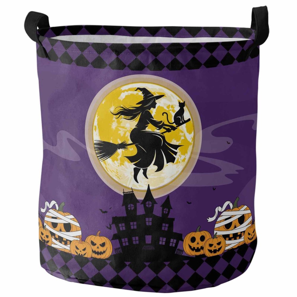 Halloween Laundry Baskets Witch with Broom Yellow Moon,Collapsible Waterproof Laundry Hamper Dirty Clothes Basket with Handle,Storage Bag for Bathroom/Bedrooom Plaid Scary House