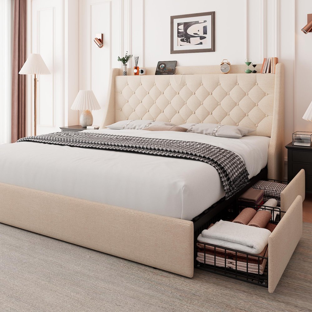 Feonase Upholstered Queen Bed Frame with 4 Storage Drawers, Charging Station and Tufted Wingback Storage Headboard, No Box Spring Needed, Easy Assembly, Beige