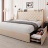 Feonase Upholstered Queen Bed Frame with 4 Storage Drawers, Charging Station and Tufted Wingback Storage Headboard, No Box Spring Needed, Easy Assembly, Beige view 1