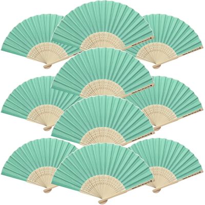 120pcs Custom Silk Fabric Bamboo Hand Fans Bulk, Personalized Folding Fans Wedding Party Favors for Women, Destination Wedding Gifts for Guests, Vintage Fans, Bridal Shower Birthday Gifts, Aqua Green