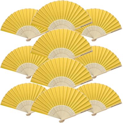 70pcs Custom Silk Fabric Bamboo Hand Fans Bulk, Personalized Folding Fans Wedding Party Favors for Women, Destination Wedding Gifts for Guests, Vintage Fans, Bridal Shower Birthday Gifts, Yellow