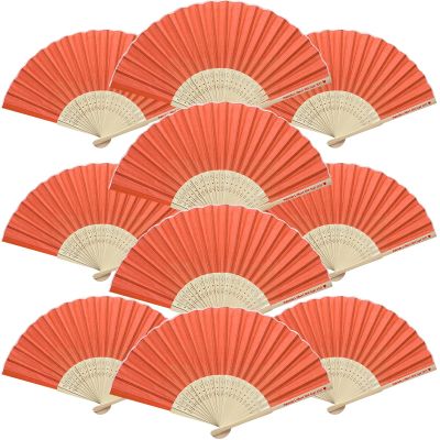 40pcs Custom Silk Fabric Bamboo Hand Fans Bulk, Personalized Folding Fans Wedding Party Favors for Women, Destination Wedding Gifts for Guests, Vintage Fans, Bridal Shower Birthday Gifts, Orange