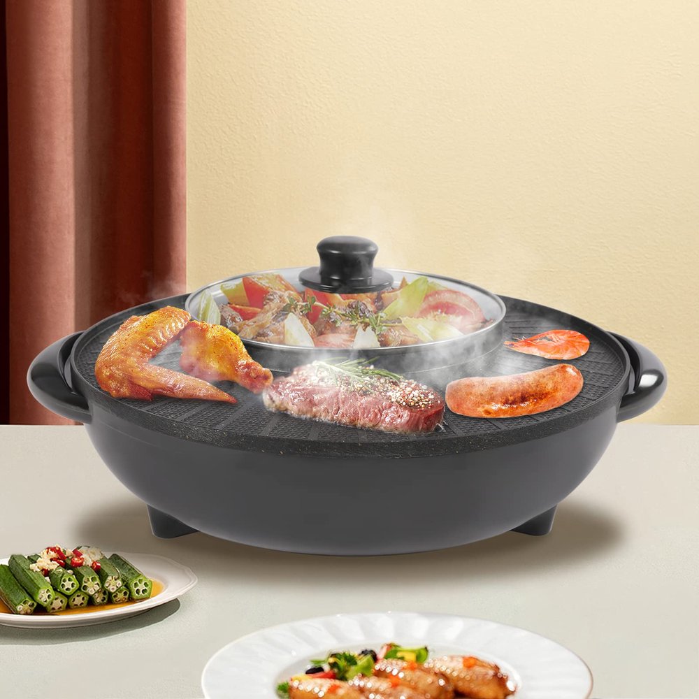 Hot Pot with Grill 2 in 1, Portable Multifunctional Smokeless Barbecue Grill, Indoor Electric Hotpot Grill Combo, Capacity for 3-5 People, Non-stick Black 110v