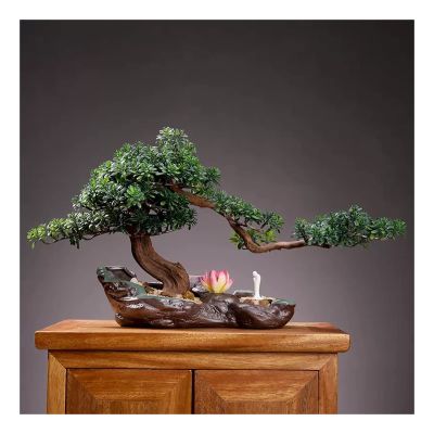 Fake Plants Indoor Artificial Bonsai Tree Faux Plants for Indoor Wall Book Shelf Room Decor, Zen Garden Decor, with Pink Lotus Sculpture DecorationTall 15.7" Bonsai Tree (Color : Brass)