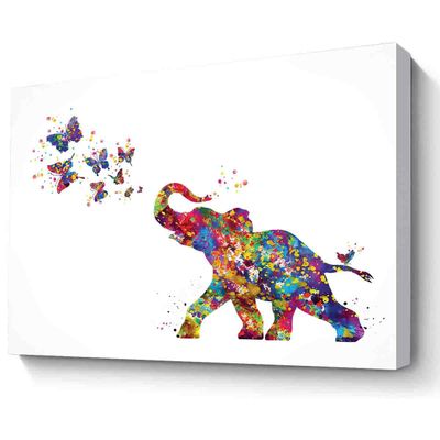 Watercolor Horse Canvas Wall Art,Baby Elephant And Butterflies Watercolor Print Baby Elephant With Butterfly Birthday Gift Nursery Decor Family Kids~-12"X16" Canvas Print With Frame