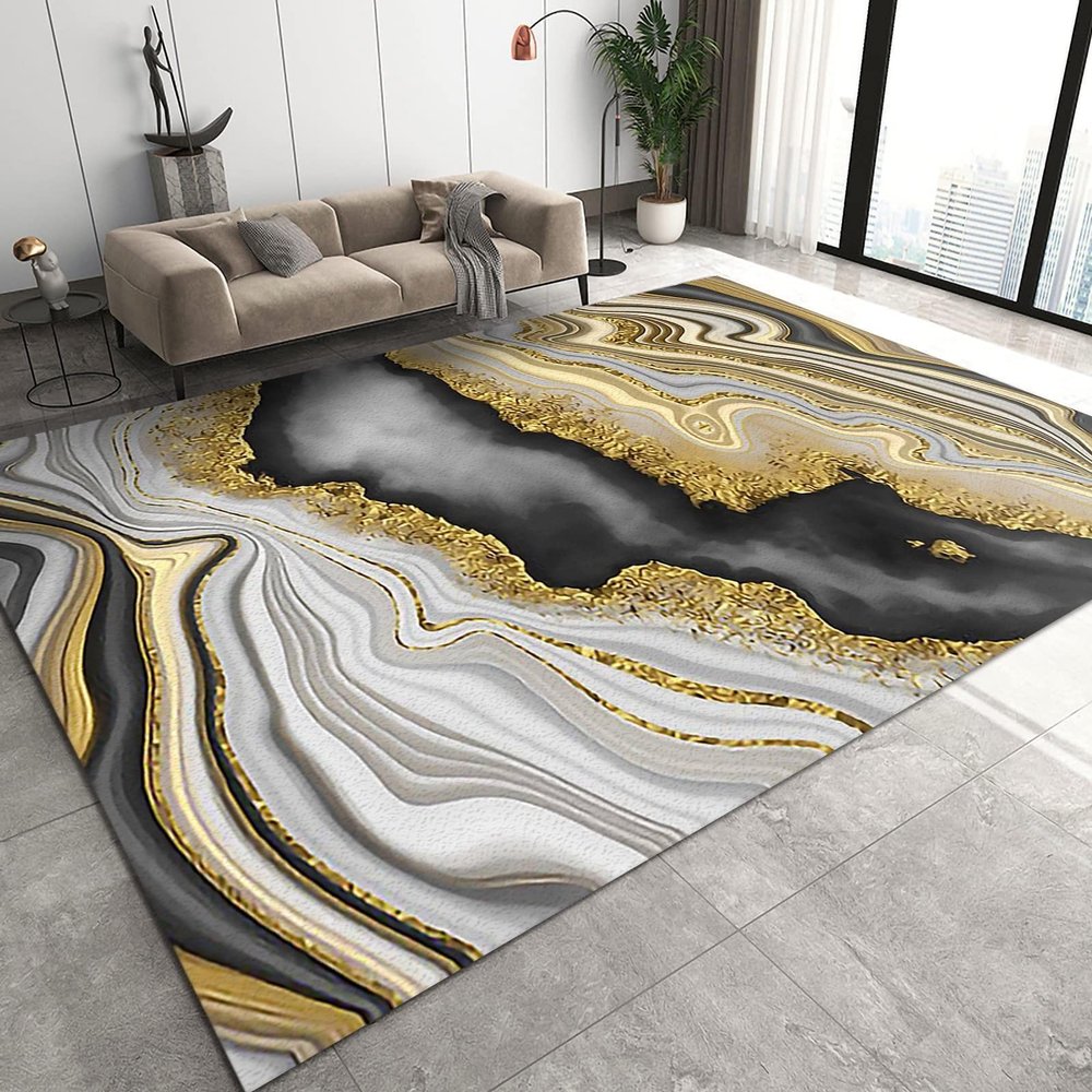 Modern Abstract Marble Area Rug, Light Luxury Black and White Gilt Print Carpet, Indoor Non-Slip Kids Rugs Machine Washable Breathable Durable Carpet for Front Entrance Floor Decor,3 x 5ft