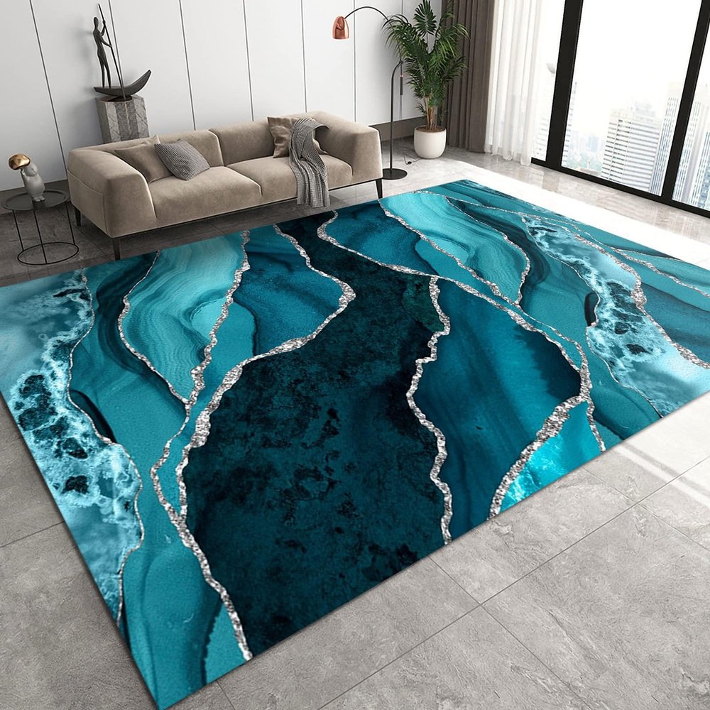 Blue Marble Pattern Area Rug, Stylish Simple Abstract Print Carpet, Indoor Non-Slip Kids Rug for Room Sofa Living Room Mat Bedroom Home Decor Floor Mats,5 x 6ft