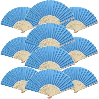 LYOUF 110pcs Custom Silk Fabric Bamboo Hand Fans Bulk, Personalized Folding Fans Wedding Party Favors for Women, Destination Wedding Gifts for Guests, Vintage Fans, Bridal Shower Birthday Gifts, Blue