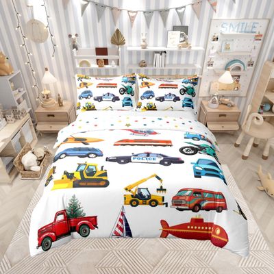 100% Nature Cotton Boys Cars Duvet Cover Queen Size,Kids Cartoon Police Car Fire Truck Excavator Comforter Cover (Not Comforter),Cute Cars Lover Room Decorative Super Soft Bedding Bedroom Decor