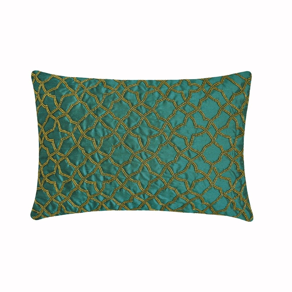 The HomeCentric Decorative Teal Blue Pack of 2, 12"x24" (30x60 cm) Lumbar Pillow Cover, Silk Beaded Oblong Pillow, Geometric Pattern Modern Style - Narin