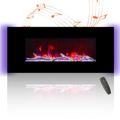 42 Inch Electric Fireplace with Music Speakers Ultra-Thin Wall Mounted Linear Fireplace Adjustable 8 Flame Colors Low Noise, Control by Button and Remote, 8h Timer (No-Recessed)