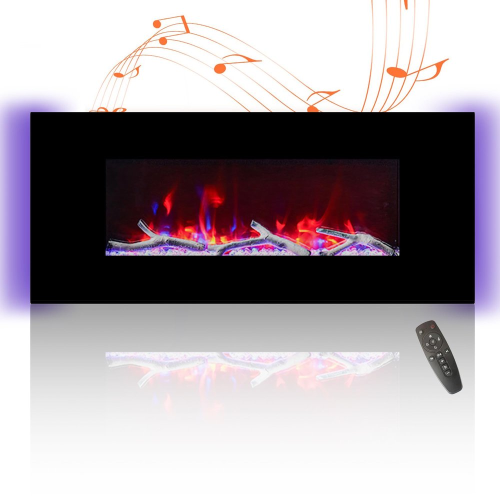42 Inch Electric Fireplace with Music Speakers Ultra-Thin Wall Mounted Linear Fireplace Adjustable 8 Flame Colors Low Noise, Control by Button and Remote, 8h Timer (No-Recessed)