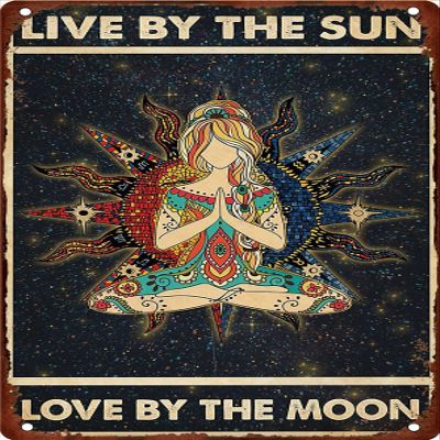BUIK Sun Moon Metal Tin Sign Live by The Sun Love by The Moon Yoga Girl Retro Metal Wall Decor For Home Bar Restaurant Cafe Living Room Moon Wall Plaque 8 * 12 inch