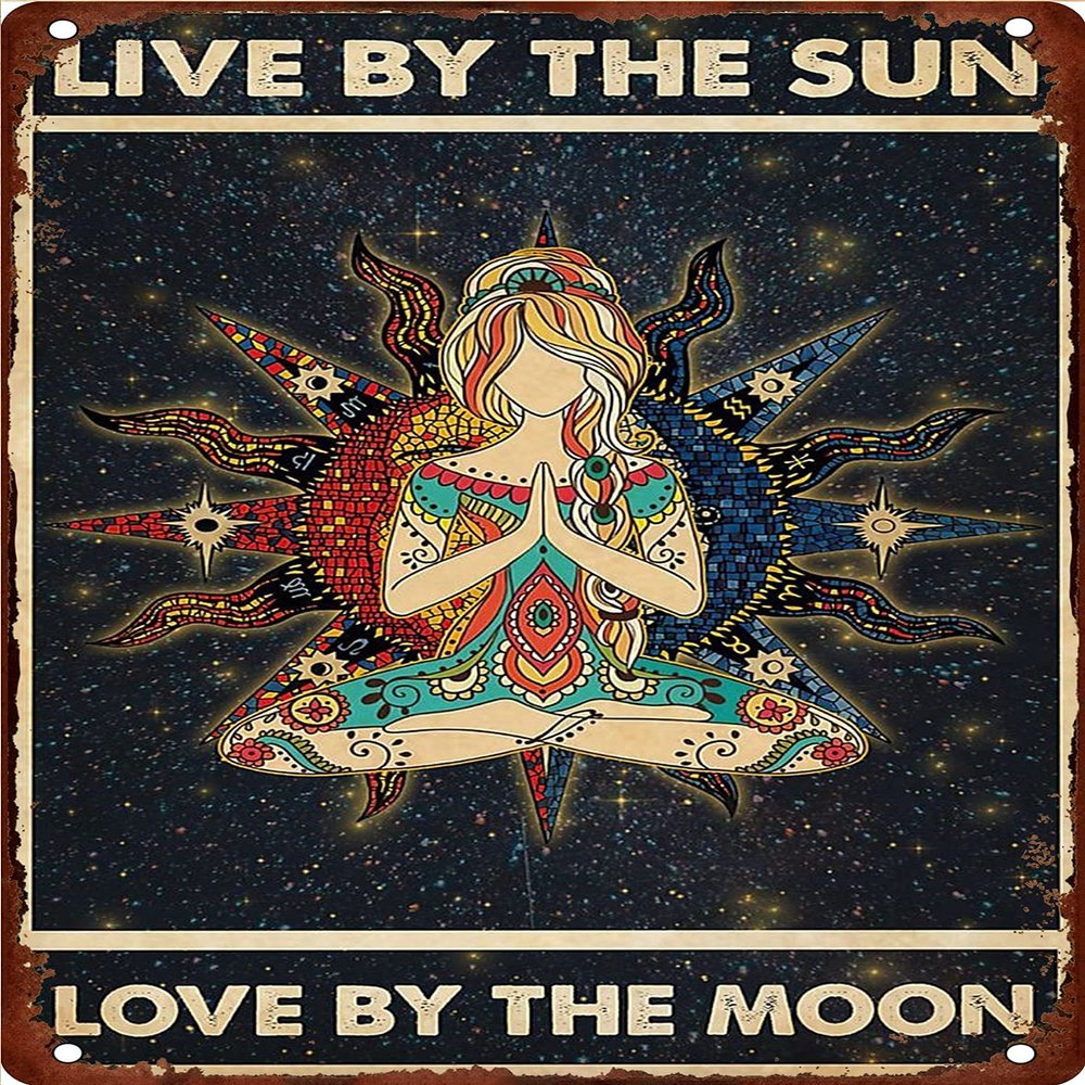 BUIK Sun Moon Metal Tin Sign Live by The Sun Love by The Moon Yoga Girl Retro Metal Wall Decor For Home Bar Restaurant Cafe Living Room Moon Wall Plaque 8 * 12 inch