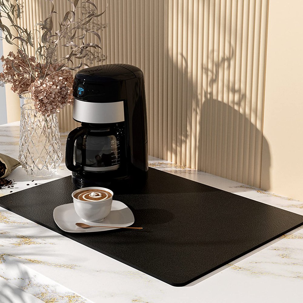 Coffee Mat 12''x19'', Dish Drying Mats for Kitchen Counter Absorbent Hide Stain Coffee Bar Accessories Anti Spill Mats Rubber Backed Fit Under Espresso Machine Dish Rack (Black)