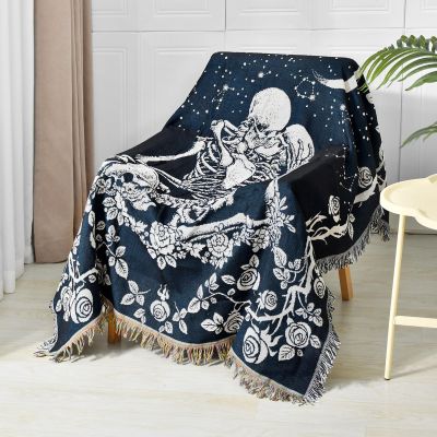 Shesyuki Boho Throw Blanket Reversible Cotton Bohemian Tapestry Hippie Room Decor Double Sided (Boho Skeleton Lover Moon Blue 50"x60")
