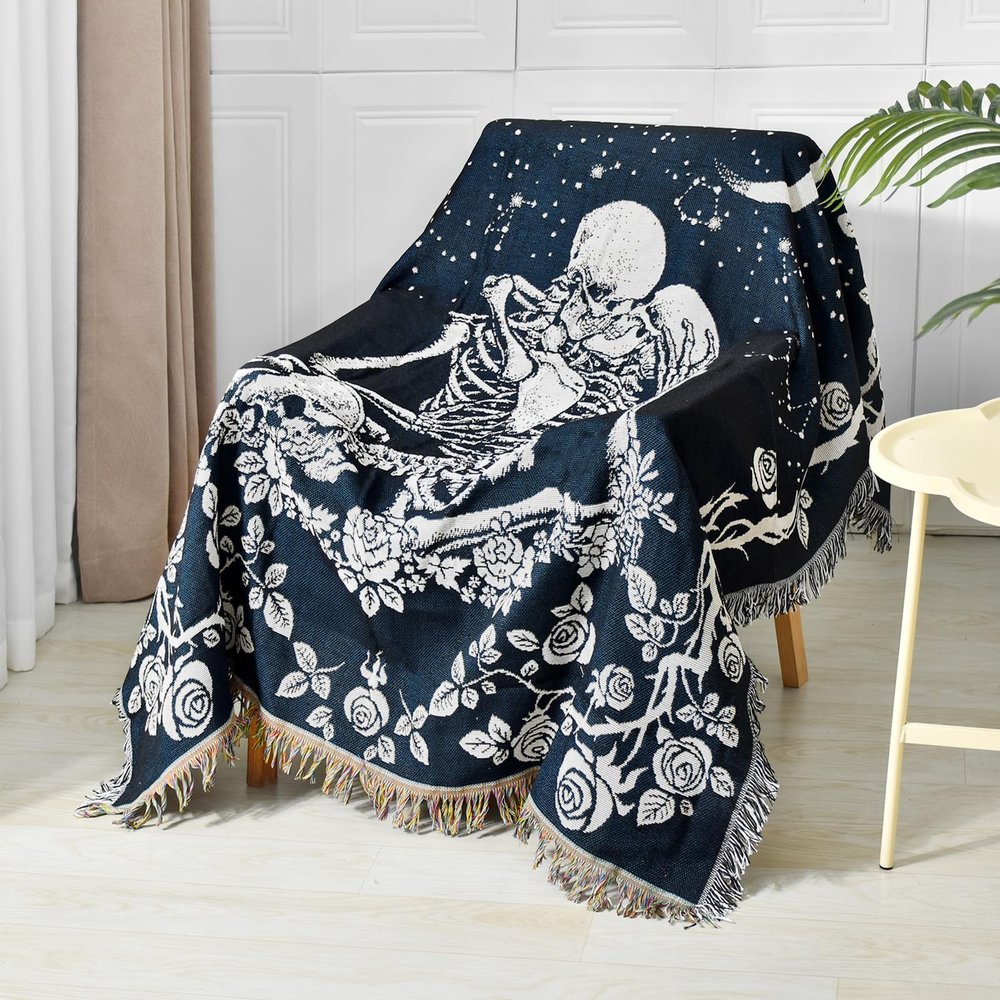 Shesyuki Boho Throw Blanket Reversible Cotton Bohemian Tapestry Hippie Room Decor Double Sided (Boho Skeleton Lover Moon Blue 50"x60")