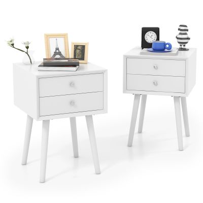 KOMFOTT 2-Drawer Nightstand Set of 2, Mid-Century Modern Bed Side Table with Storage, Multipurpose End Table Side Table with Rubber Wood Legs for Bedroom Living Room, Easy Assembly