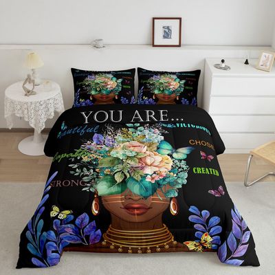 Girl African Comforter Set Full Size,African Style American Inspirational Quotes Bedding Set Kids Girls Women Room Decor Watercolor Flowers Butterfly Quilt Set Black Fashion Duvet Insert 3Pcs