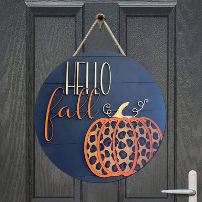 Halloween Welcome Sign for Front Door, Hello Fall Pumpkin Truck Halloween Wreaths Round Wooden Door Sign Hanging Welcome Porch Wall Sign Housewarming Gift for Farmhouse Kitchen Entryway Porch(nai7)