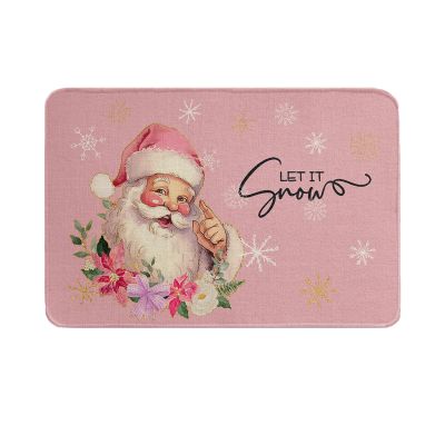 Christmas Kitchen Bath Shower Door Welcome Mat for Bedroom/Living/Laundry Room,Washable Bathroom Bathtub Runner Rug,Indoor Outdoor Throw Doormat,Santa Winter Snowflakes Plaid Flower Blush Pink 16"x24"