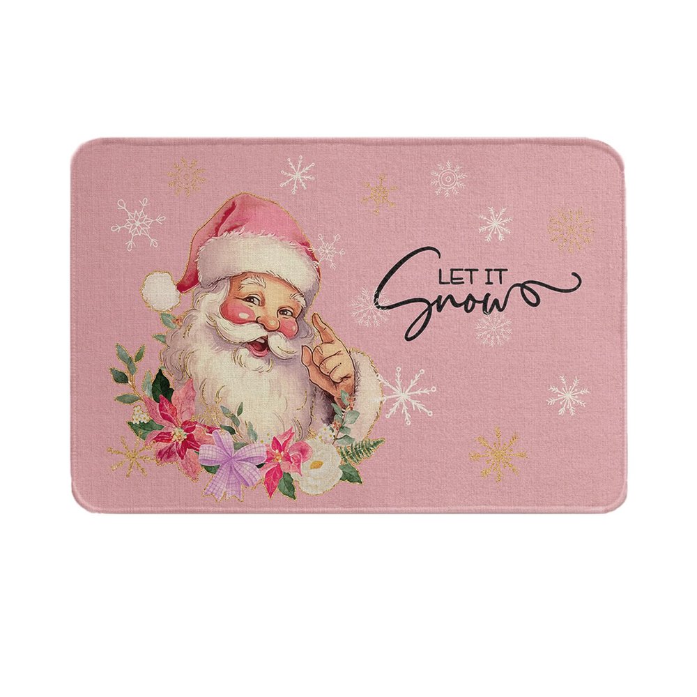 Christmas Kitchen Bath Shower Door Welcome Mat for Bedroom/Living/Laundry Room,Washable Bathroom Bathtub Runner Rug,Indoor Outdoor Throw Doormat,Santa Winter Snowflakes Plaid Flower Blush Pink 16"x24"