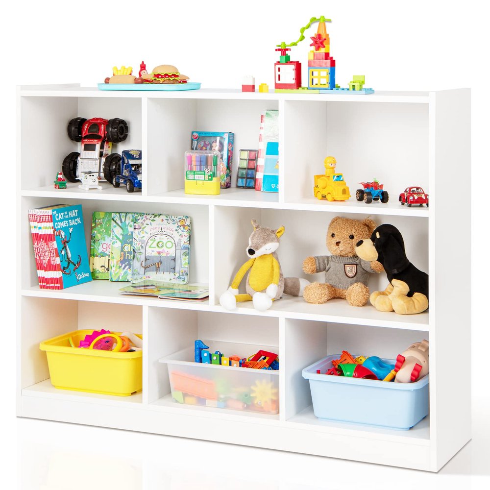 HOMGX Kids Montessori Shelf, 8-Cube Wooden Toy Storage Organizer, 3 Tier Open Kids Bookshelf for Classroom, Bedroom & Playroom, White