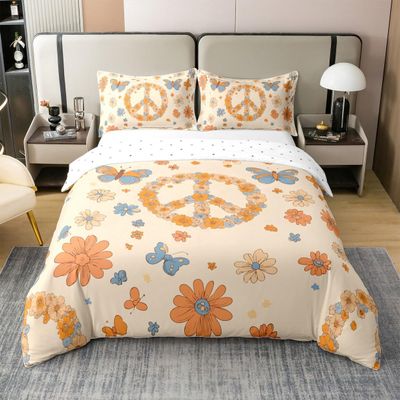 100% Cotton Groovy Party Decorations Duvet Cover Full for Girls Women Peace Sign Decor Bedding Set Hippie Butterfly Comforter Cover Cute Kawaii Florals Soft Breathable Bed Sets Honey Bee Gifts