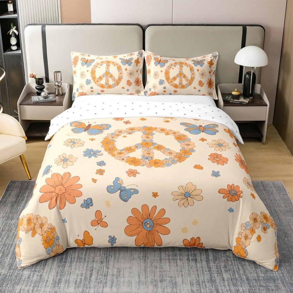 100% Cotton Groovy Party Decorations Duvet Cover Full for Girls Women Peace Sign Decor Bedding Set Hippie Butterfly Comforter Cover Cute Kawaii Florals Soft Breathable Bed Sets Honey Bee Gifts