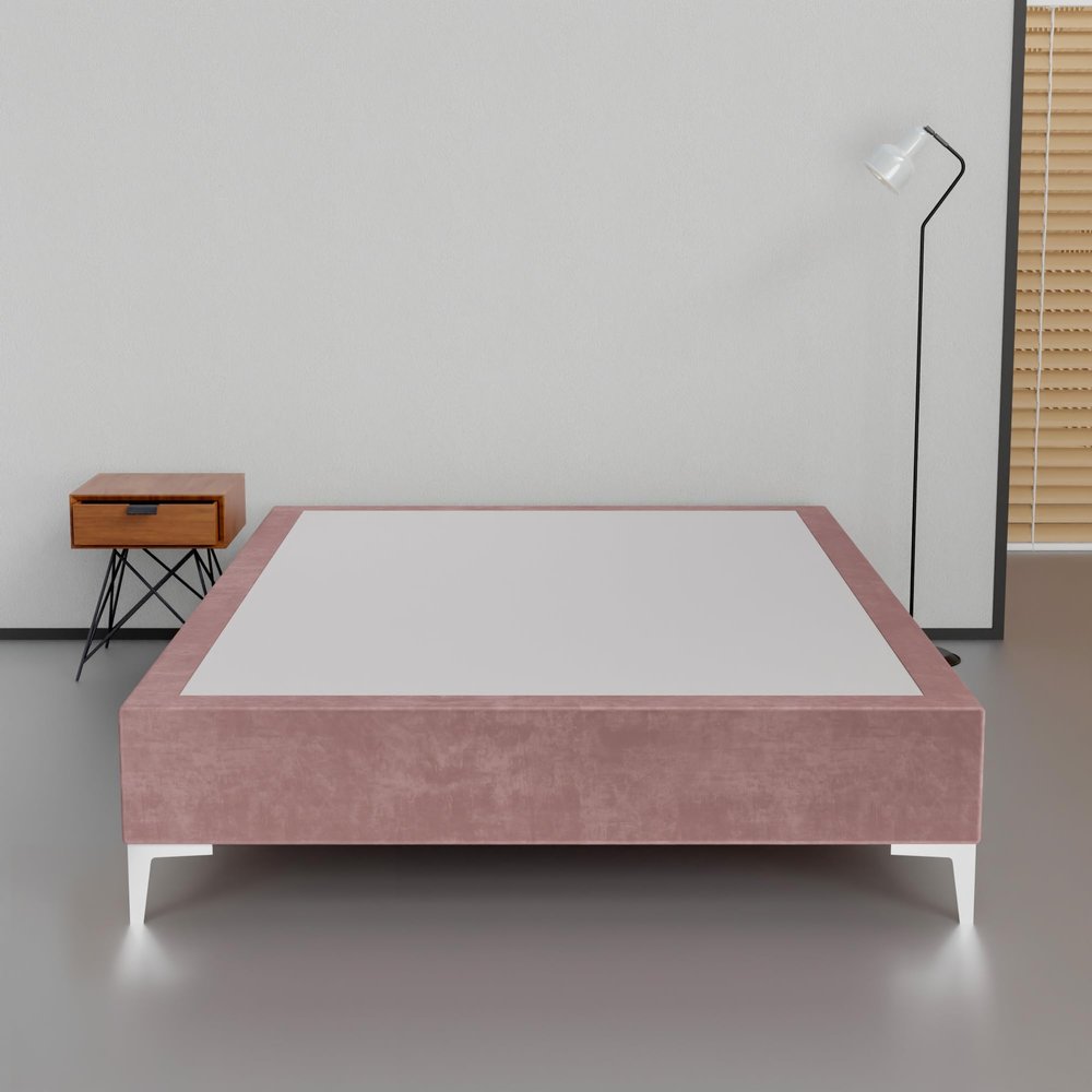 Greaton, 15-Inch Premium Velvet Material Wood Platform Bed, Durable, Stylish, Multi Colour Options, No Box Spring Needed, Silver Metal Legs, Twin, Dark Pink
