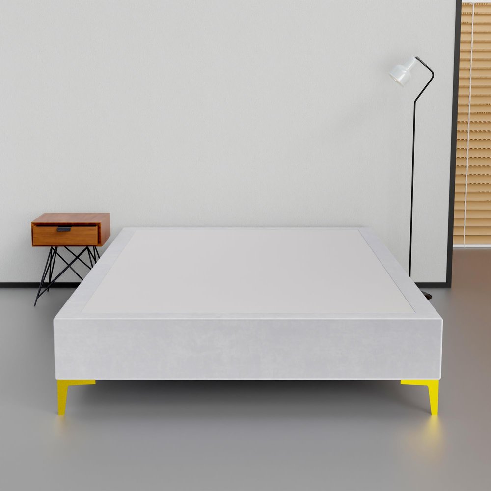Greaton, 15-Inch Premium Velvet Material Wood Platform Bed, Durable, Stylish, Multi Colour Options, No Box Spring Needed, Golden Metal Legs, King, White