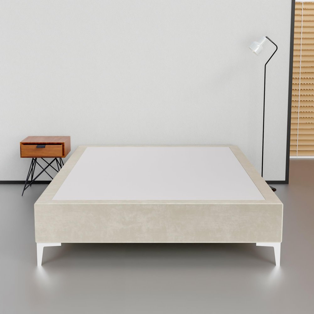 Greaton, 15-Inch Premium Velvet Material Wood Platform Bed, Durable, Stylish, Multi Colour Options, No Box Spring Needed, Silver Metal Legs, Twin, Taupe