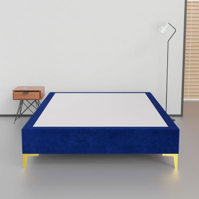 Greaton, 15-Inch Premium Velvet Material Wood Platform Bed, Durable, Stylish, Multi Colour Options, No Box Spring Needed, Golden Metal Legs, Queen, Blue