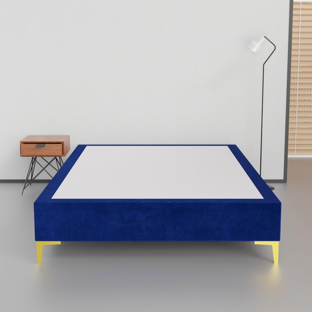 Greaton, 15-Inch Premium Velvet Material Wood Platform Bed, Durable, Stylish, Multi Colour Options, No Box Spring Needed, Golden Metal Legs, Queen, Blue